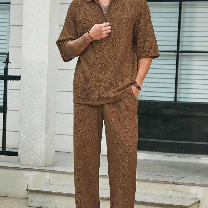 Men's Commuter Suit - Summer Short-Sleeved Top with Loose Straight Trousers, Casual Outdoor Outfit