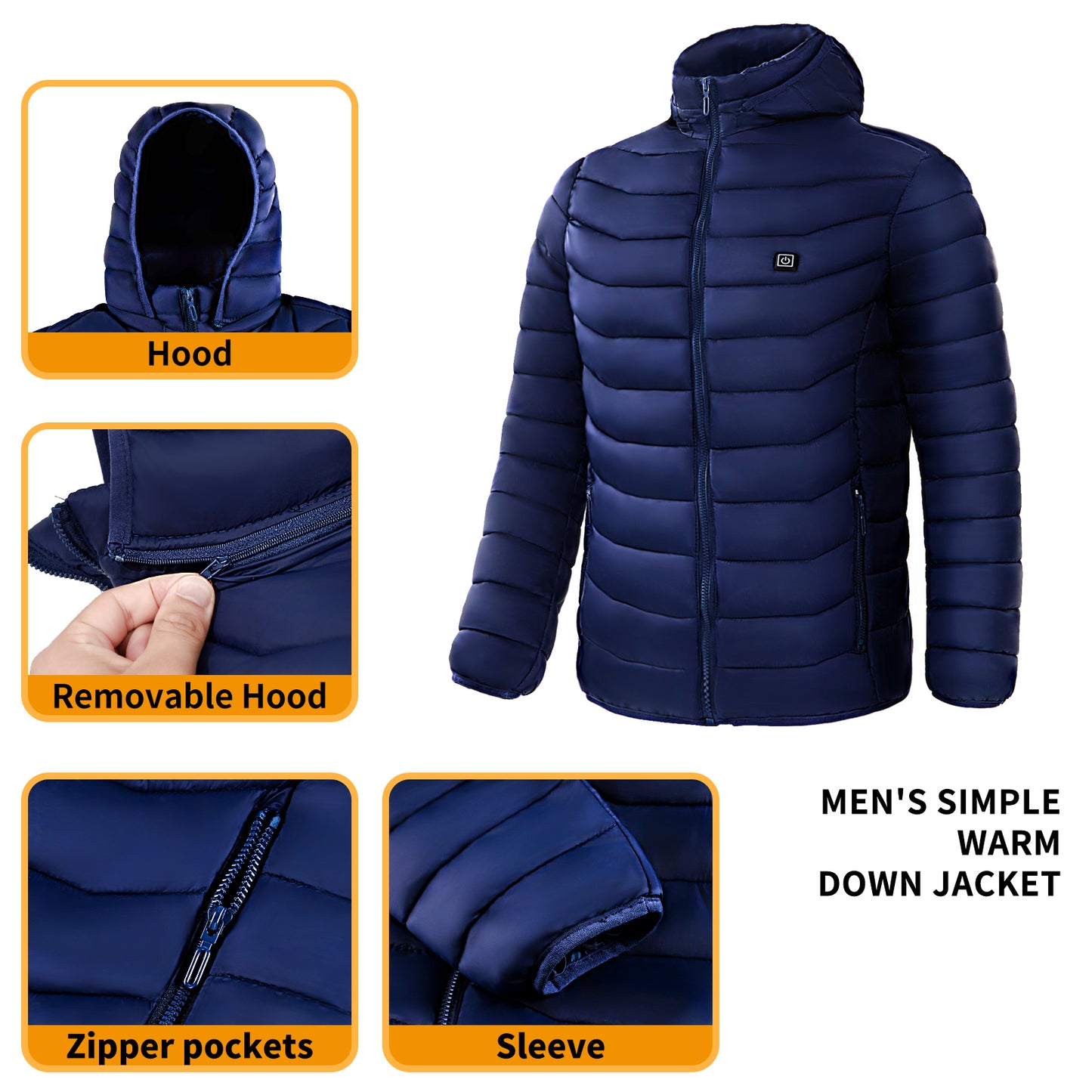 Men Heated Puffer Electric Insulated Hood Windbreaker Jacket