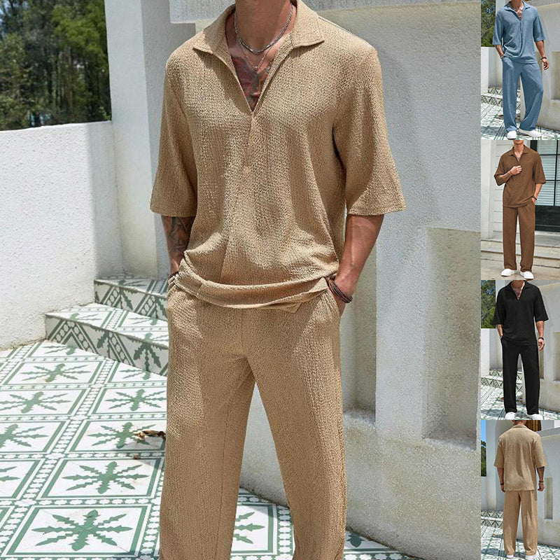 Men's Commuter Suit - Summer Short-Sleeved Top with Loose Straight Trousers, Casual Outdoor Outfit